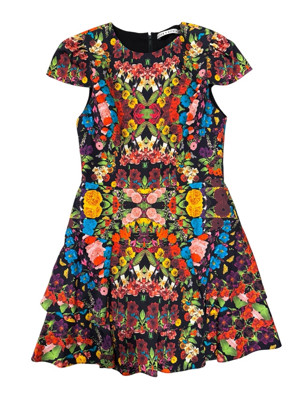 Alice + Olivia Floral Bird Butterfly Fit & Flare Dress Black Multicolor Size 8